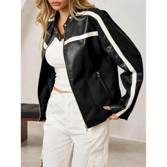 Women's Black Faux Leather Zip Up Moto Biker Y2K Racing Bomber Jackets - Picture 2 of 5